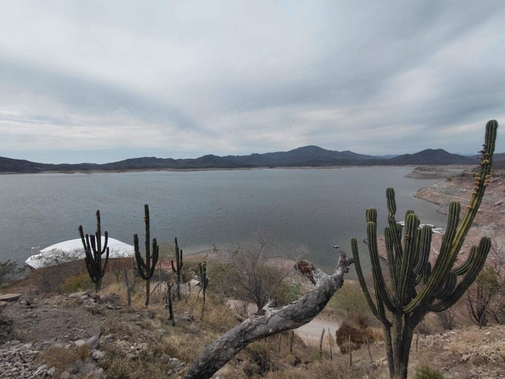 Vista escénica de Presa Bacurato con cactus, montañas y agua abierta.